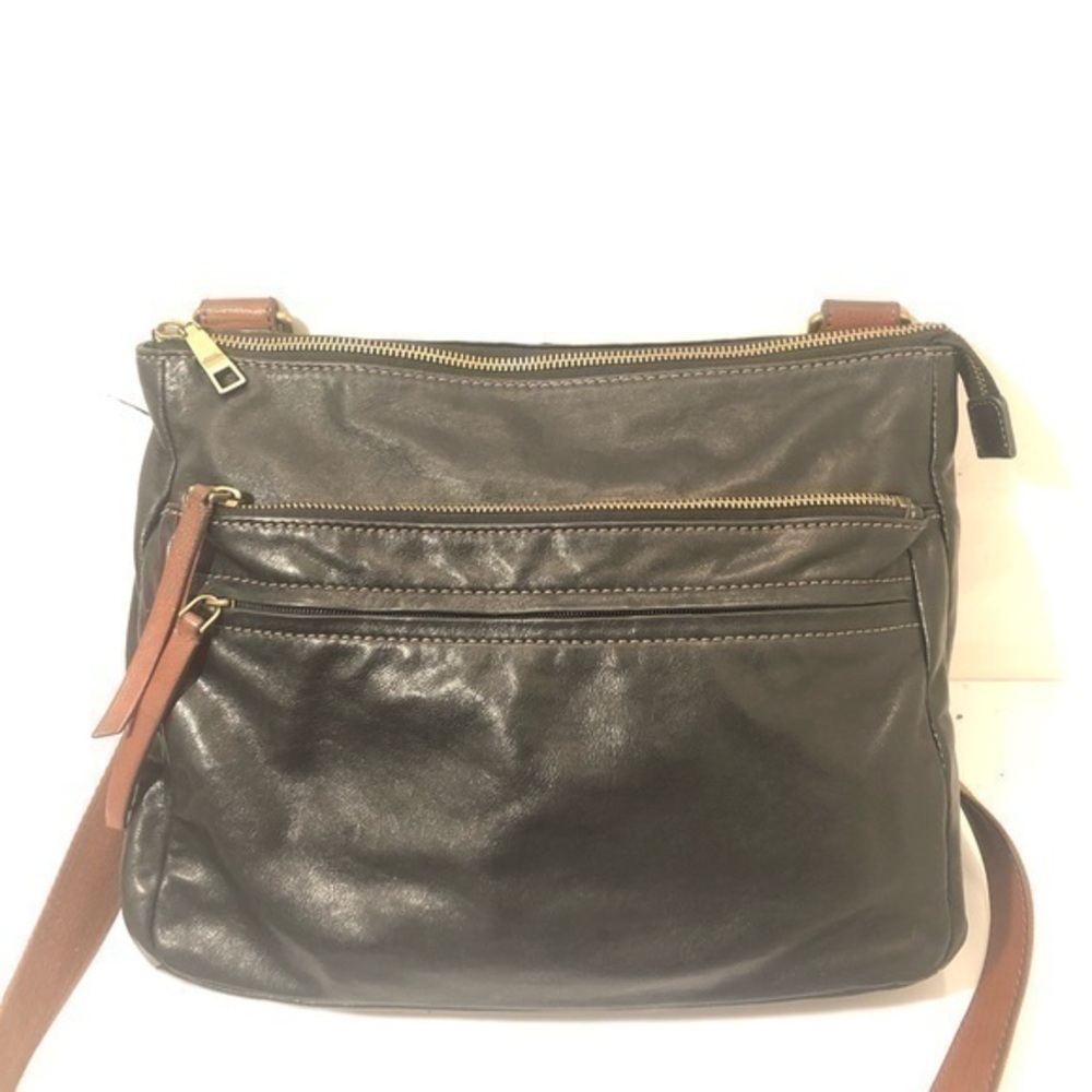 Fossil black brown leather messenger bag crossbody